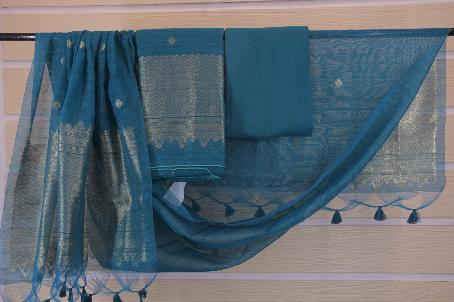 Teal Ghicha Silk Suit Set with Zari Dupatta