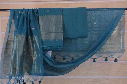 Teal Ghicha Silk Suit Set with Zari Dupatta