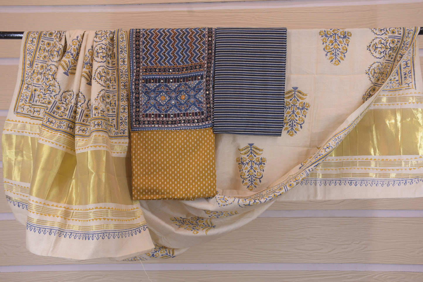 Golden Radiance: Mustard Silk Dress Material with Lagdi Patta Dupatta