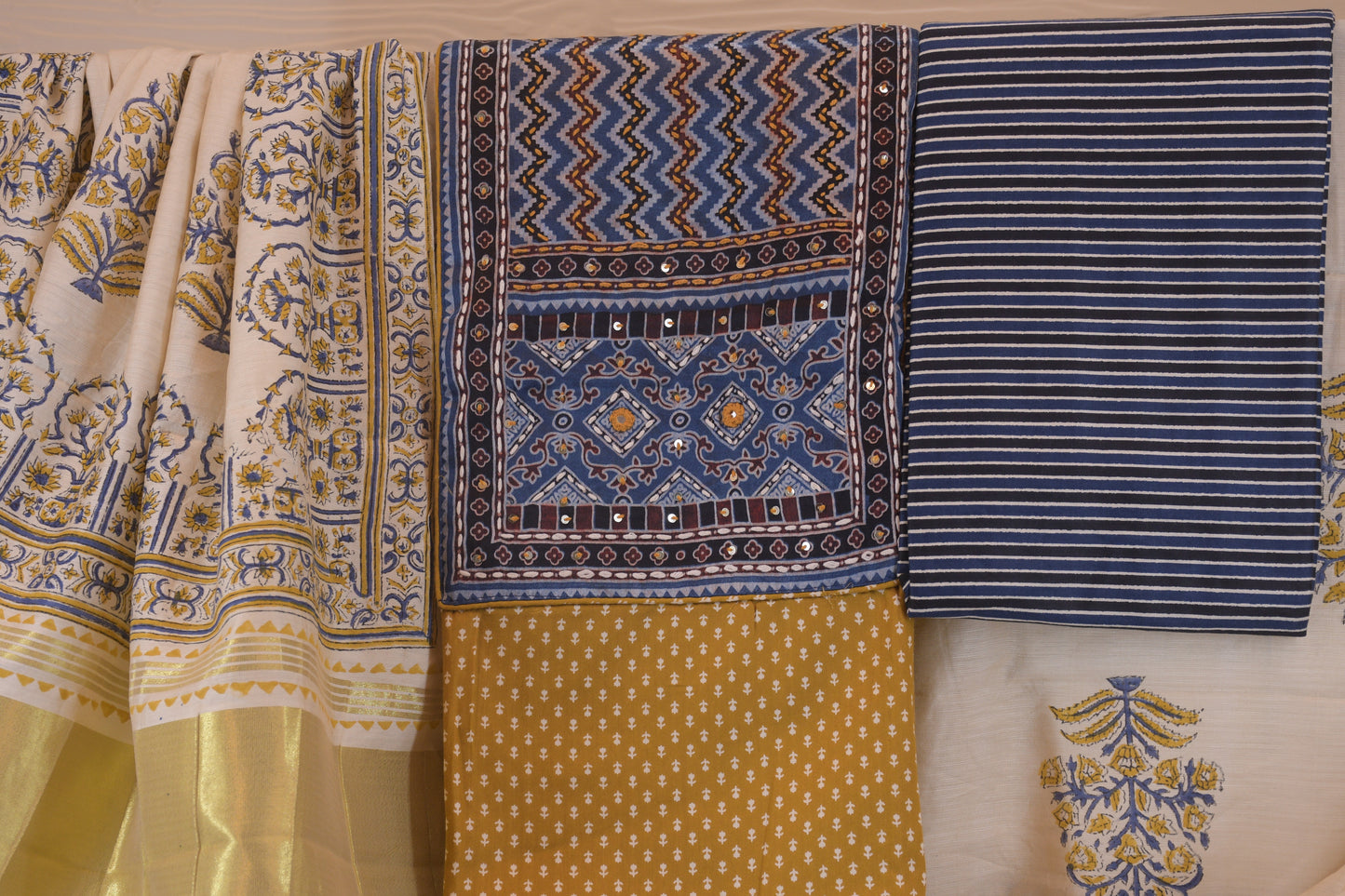 Golden Radiance: Mustard Silk Dress Material with Lagdi Patta Dupatta