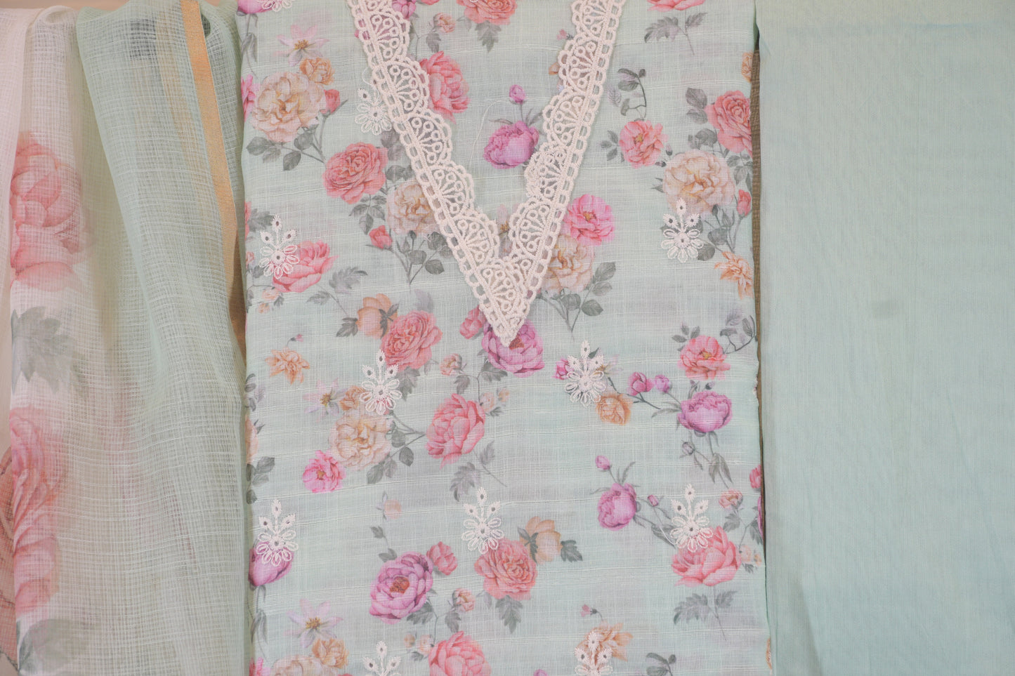 Cyan Breeze Floral Linen V-Neck Suit Set