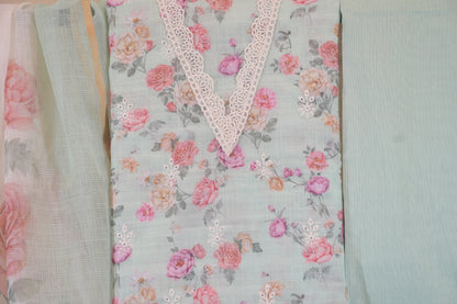 Cyan Breeze Floral Linen V-Neck Suit Set