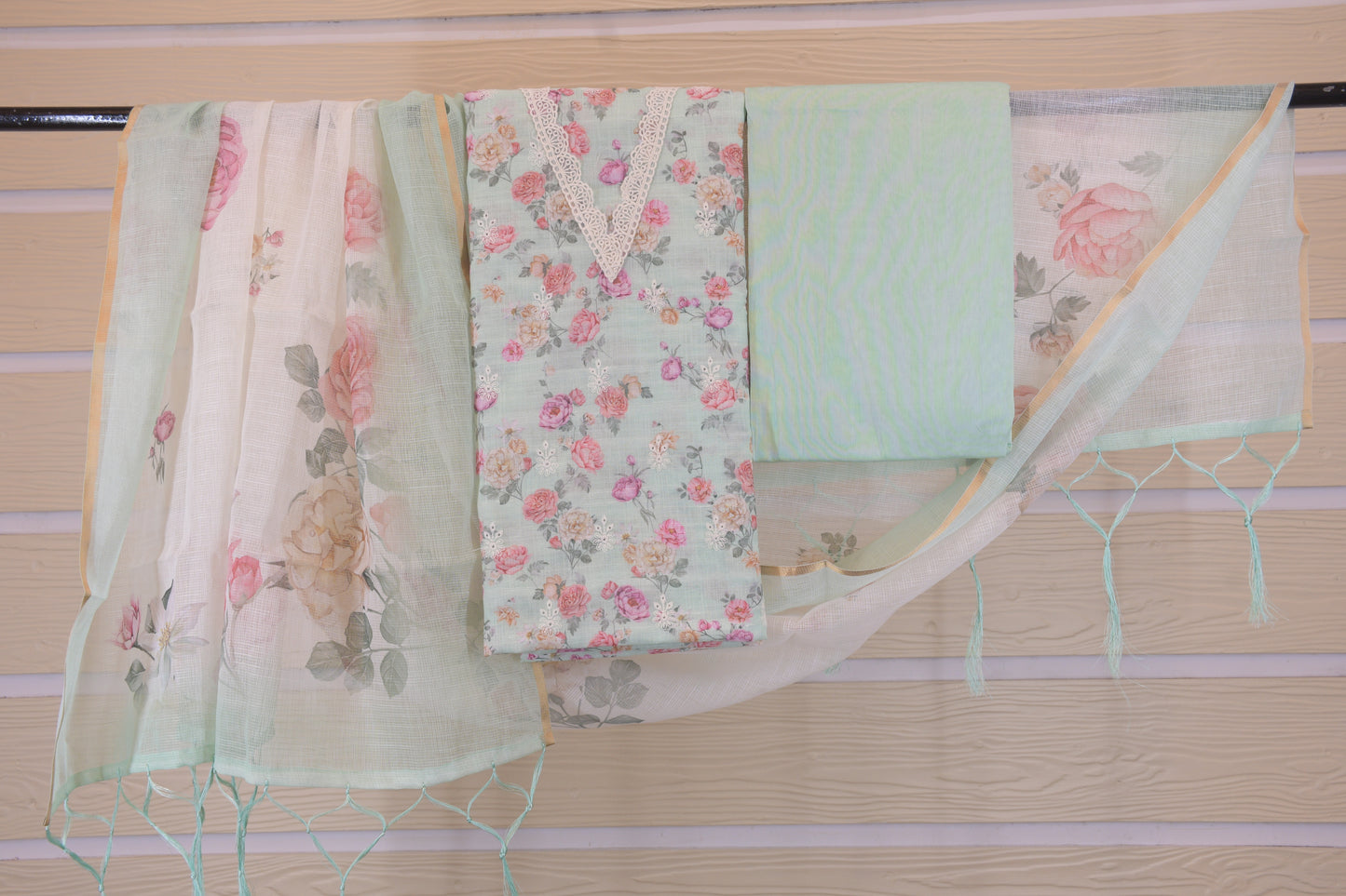 Cyan Breeze Floral Linen V-Neck Suit Set