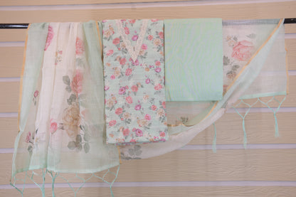 Cyan Breeze Floral Linen V-Neck Suit Set