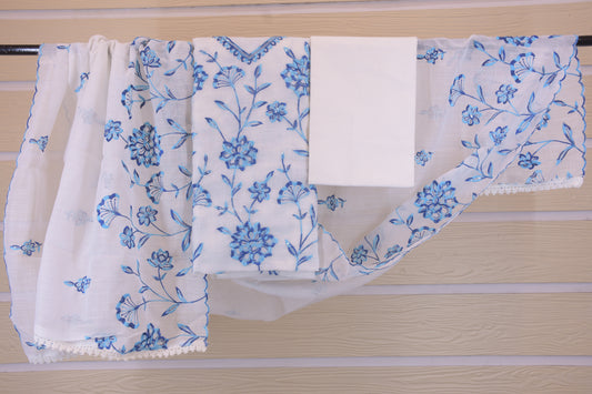 Azure Elegance: Embroidered Linen Blend Dress Material