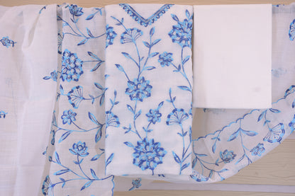 Azure Elegance: Embroidered Linen Blend Dress Material