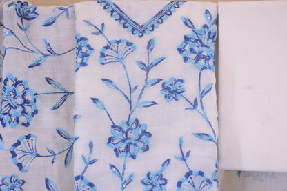 Azure Elegance: Embroidered Linen Blend Dress Material