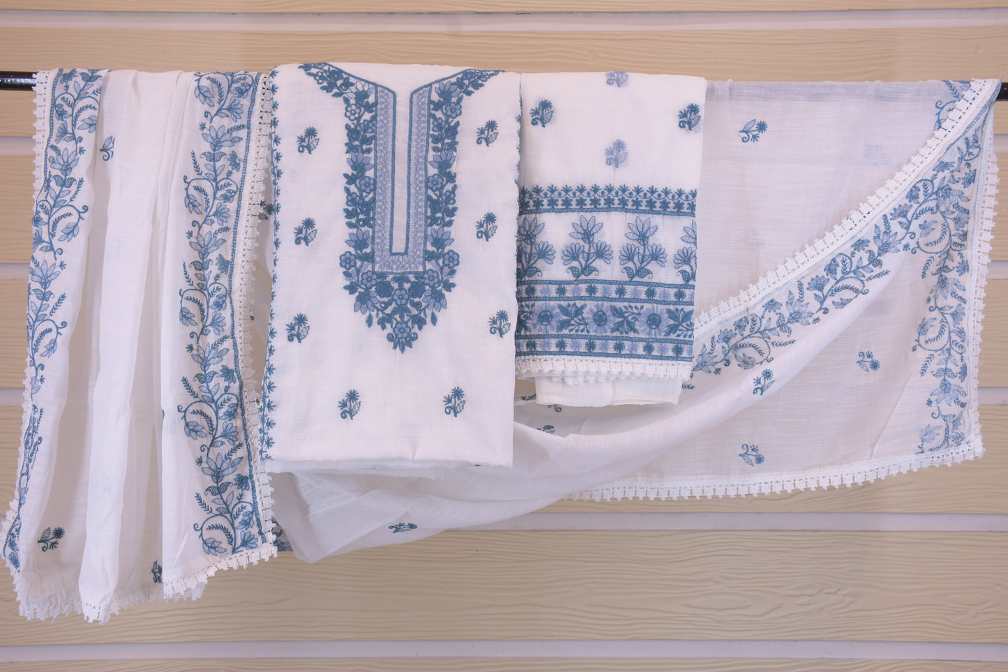 Ivory & Indigo: Fully Embroidered Linen Blend Dress Materia