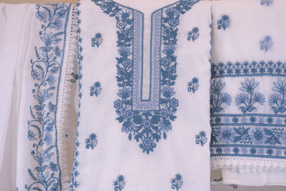 Ivory & Indigo: Fully Embroidered Linen Blend Dress Materia