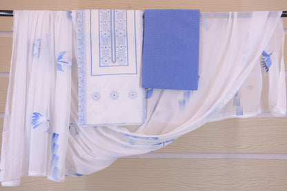 Azure & Snow: Embroidered Cotton Linen Dress Material