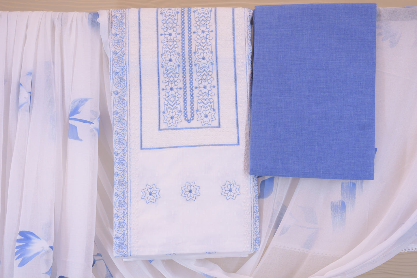 Azure & Snow: Embroidered Cotton Linen Dress Material