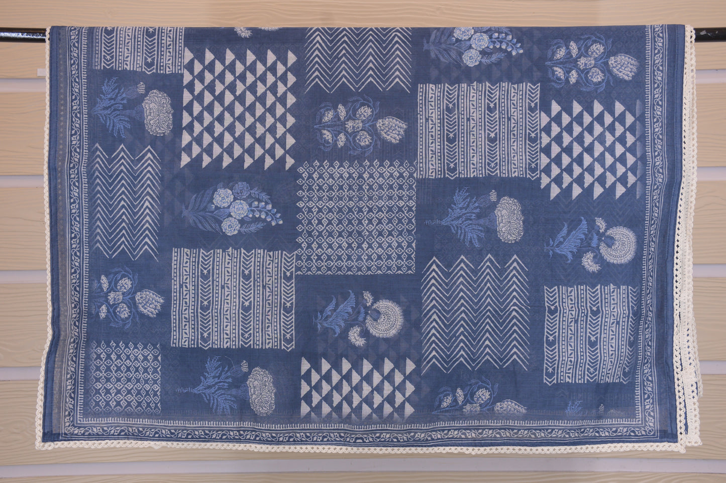 White & Blue Cotton Floral Chikankari Suit Set