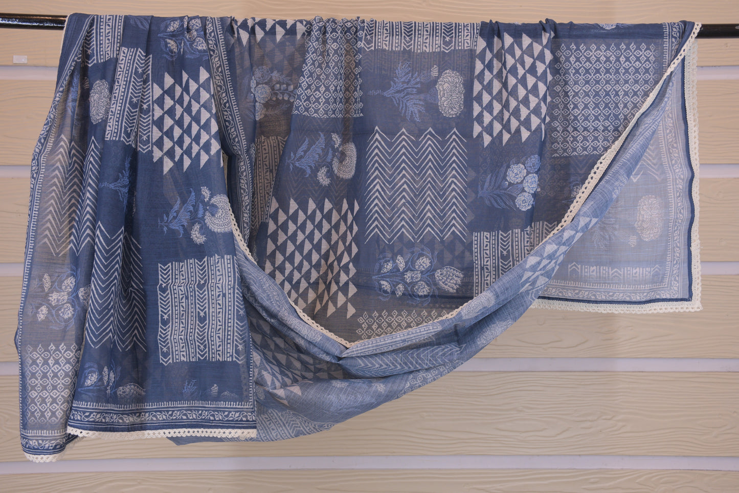 White & Blue Cotton Floral Chikankari Suit Set