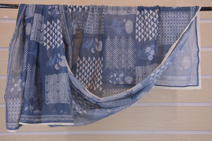White & Blue Cotton Floral Chikankari Suit Set