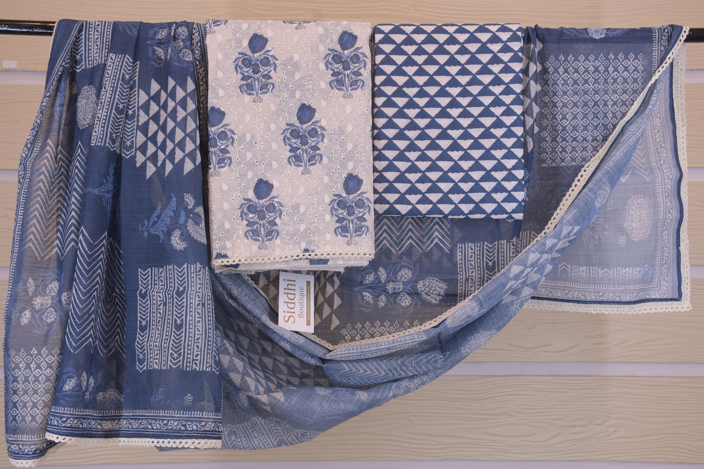 White & Blue Cotton Floral Chikankari Suit Set