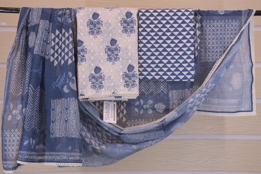 White & Blue Cotton Floral Chikankari Suit Set