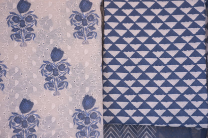 White & Blue Cotton Floral Chikankari Suit Set