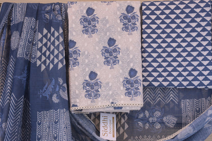 White & Blue Cotton Floral Chikankari Suit Set