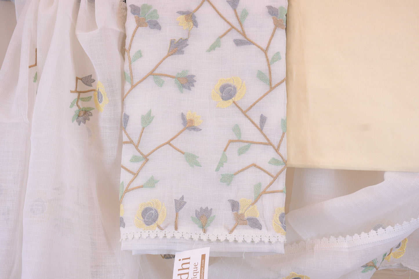 Pastel Sorbet: Embroidered White Linen Blend Dress Material