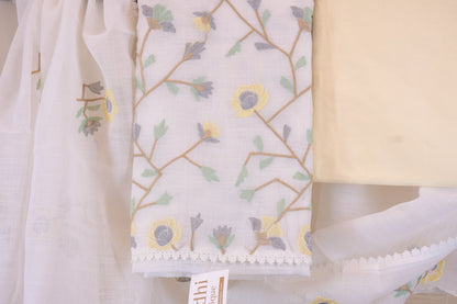 Pastel Sorbet: Embroidered White Linen Blend Dress Material