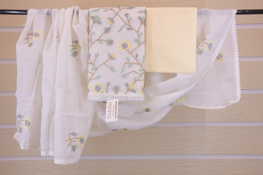 Pastel Sorbet: Embroidered White Linen Blend Dress Material