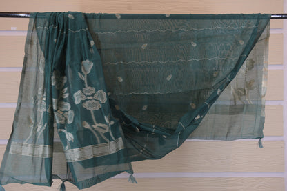 Royal Emerald: V-Neck Dress Material with Zari Woven Dupatta