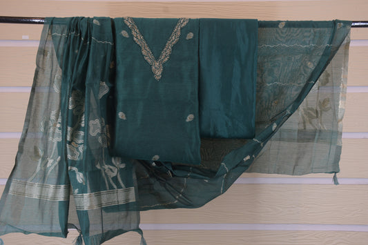 Royal Emerald: V-Neck Dress Material with Zari Woven Dupatta