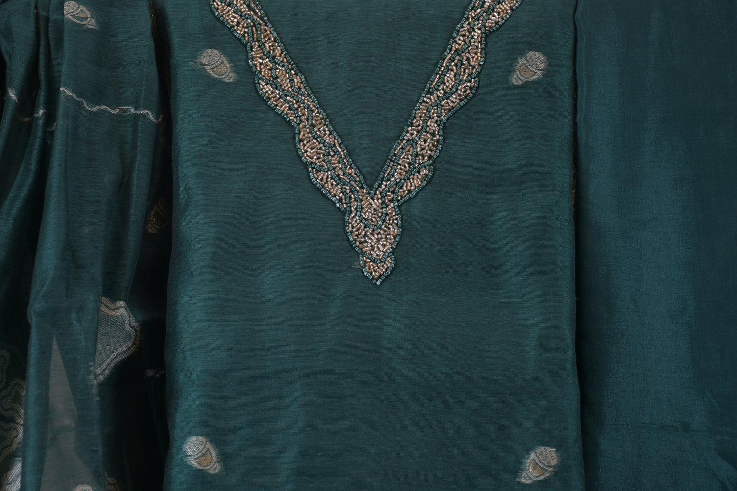 Royal Emerald: V-Neck Dress Material with Zari Woven Dupatta