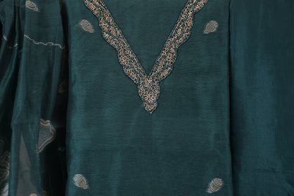 Royal Emerald: V-Neck Dress Material with Zari Woven Dupatta