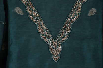 Royal Emerald: V-Neck Dress Material with Zari Woven Dupatta