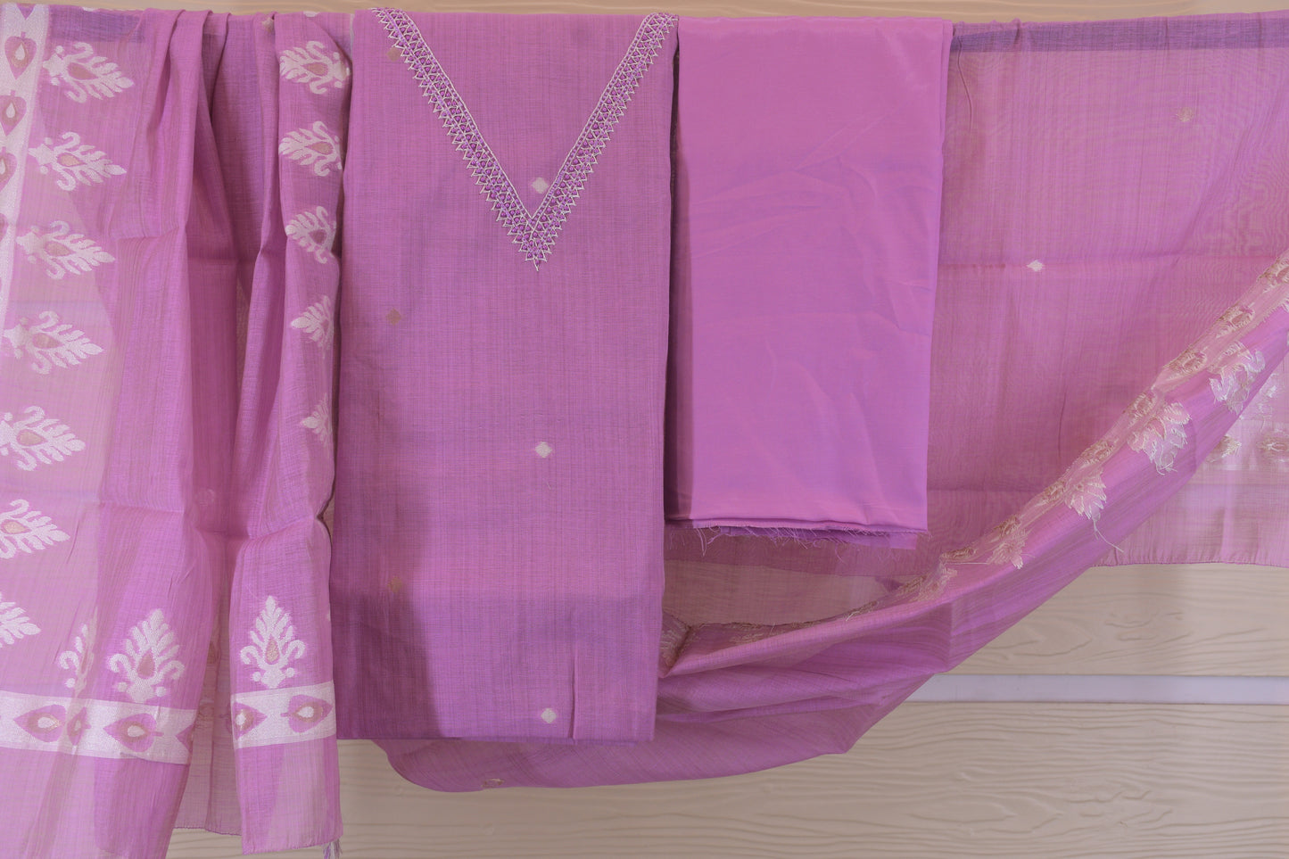 Blush Heritage: Woven Jamdani with Embellished V-Neck