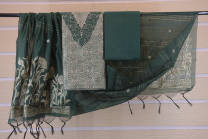 Forest Green Embroidered V-Neck Unstitched Suit
