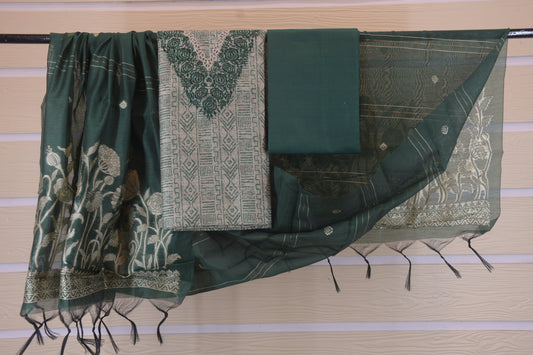 Forest Green Embroidered V-Neck Unstitched Suit