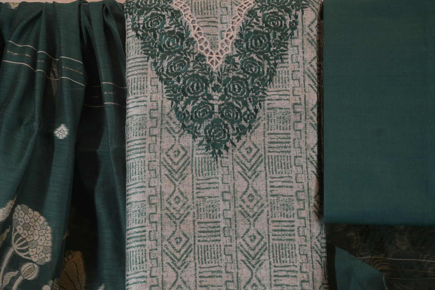 Forest Green Embroidered V-Neck Unstitched Suit