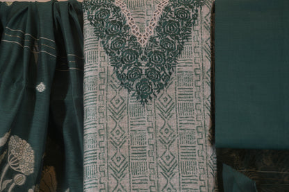 Forest Green Embroidered V-Neck Unstitched Suit