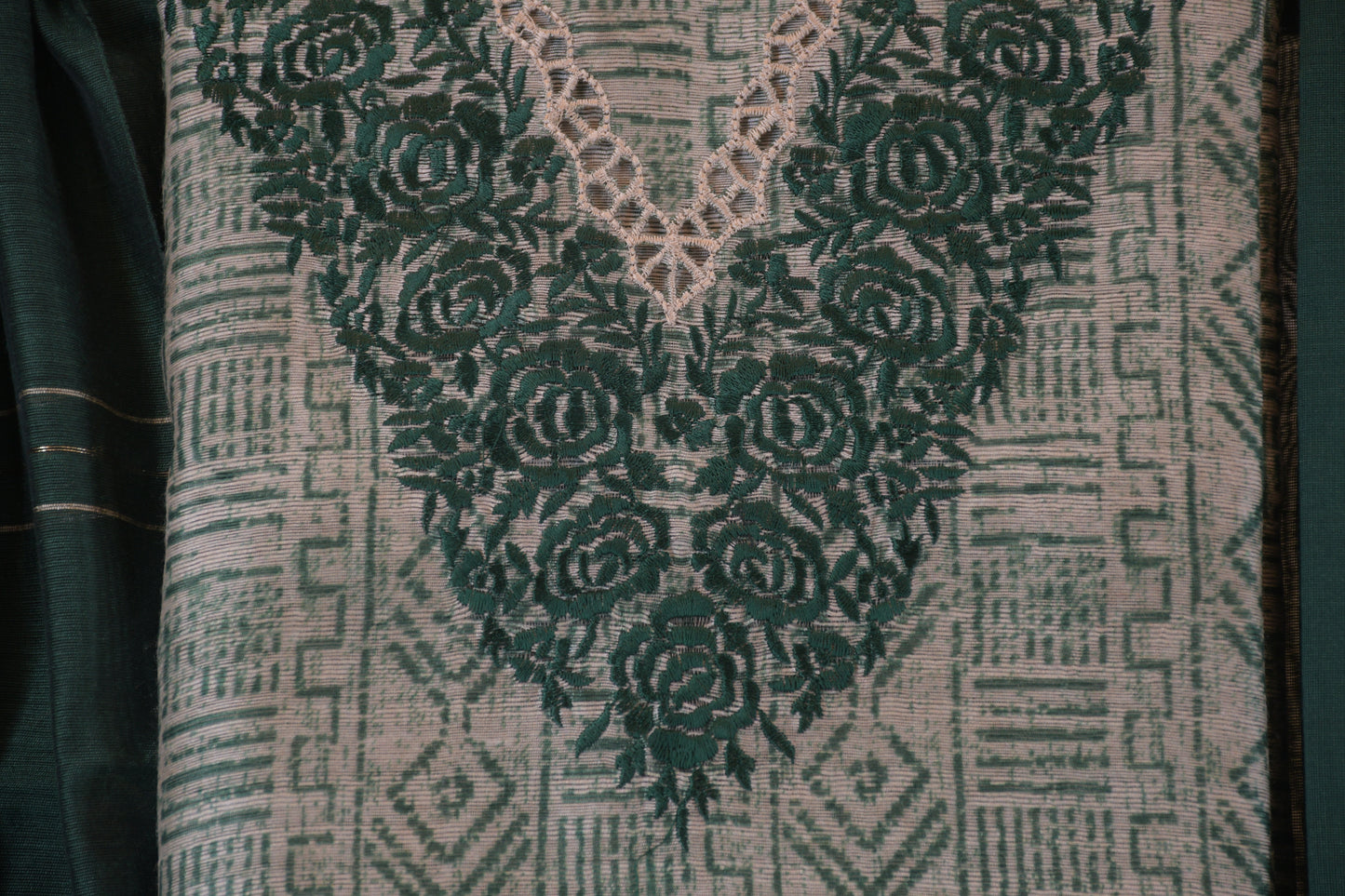 Forest Green Embroidered V-Neck Unstitched Suit