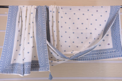 Porcelain Blooms: White Dress Material with Blue Yoke Detail
