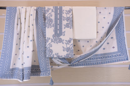Porcelain Blooms: White Dress Material with Blue Yoke Detail