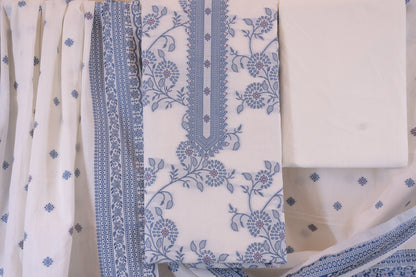 Porcelain Blooms: White Dress Material with Blue Yoke Detail
