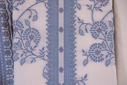 Porcelain Blooms: White Dress Material with Blue Yoke Detail