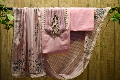 Purple threadwork dress material in cotton
