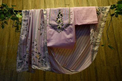 Purple threadwork dress material in cotton