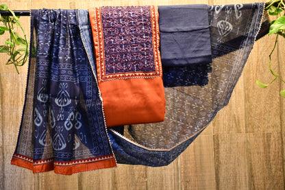 Orange and blue dress Material with printed dupatta.