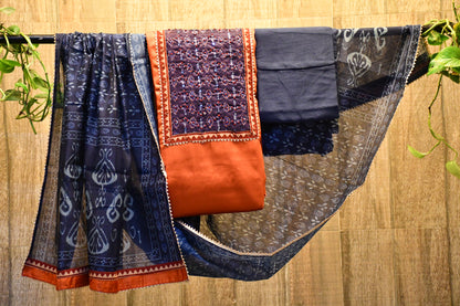 Orange and blue dress Material with printed dupatta.