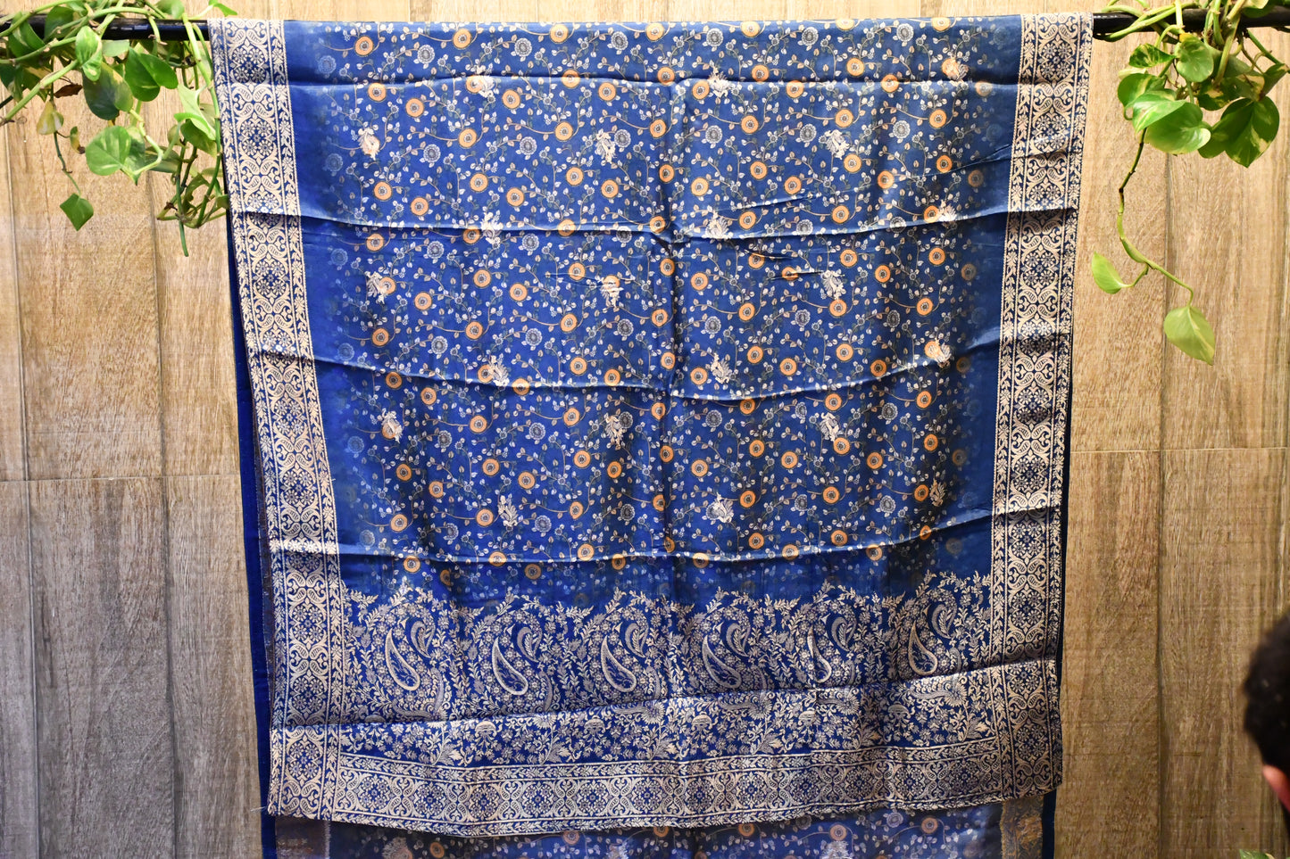 Blue silk dress material with brocade dupatta.