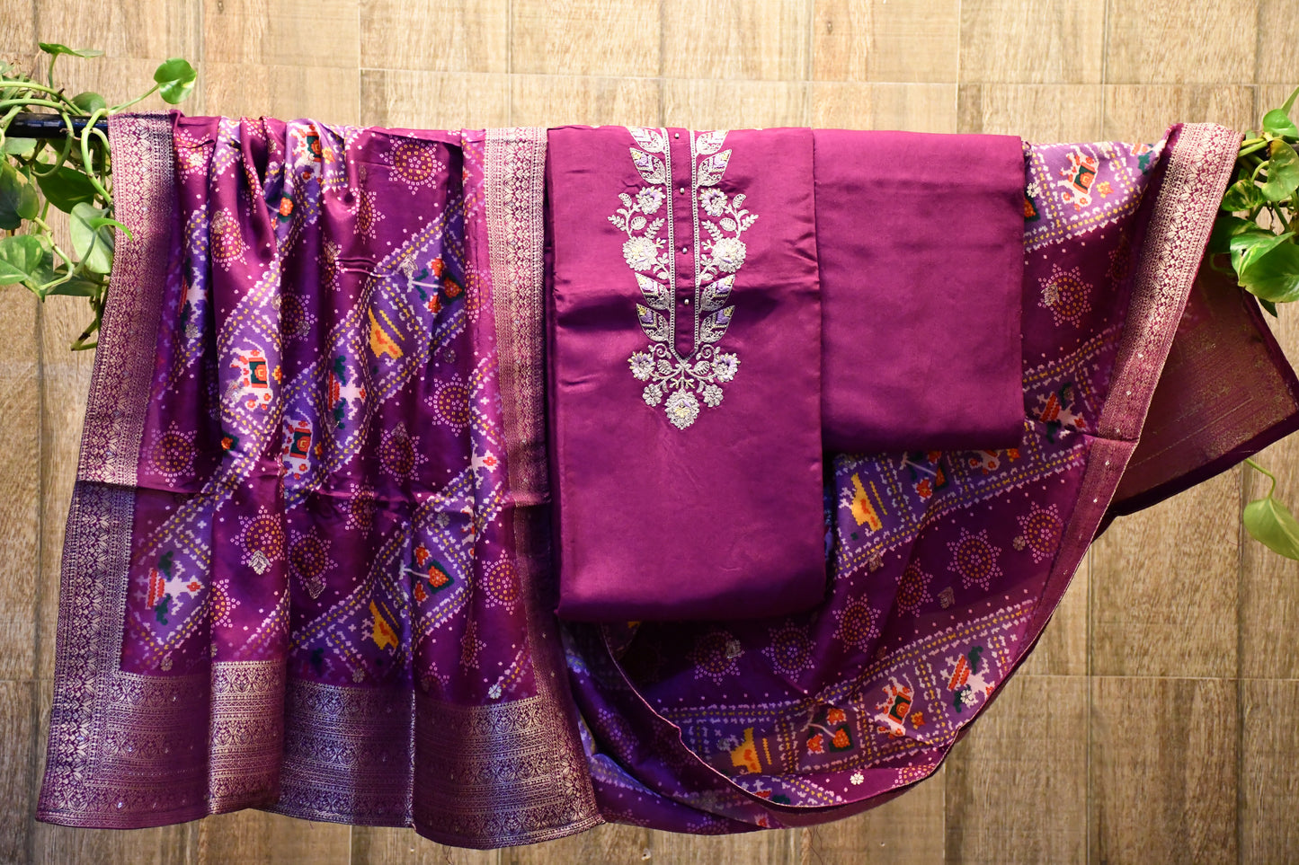 Purple silk dress material with zari embroidery
