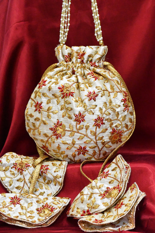 Round potli bag with floral embroided work