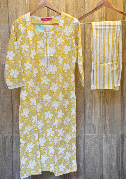 Naples yellow cotton kurti pant set