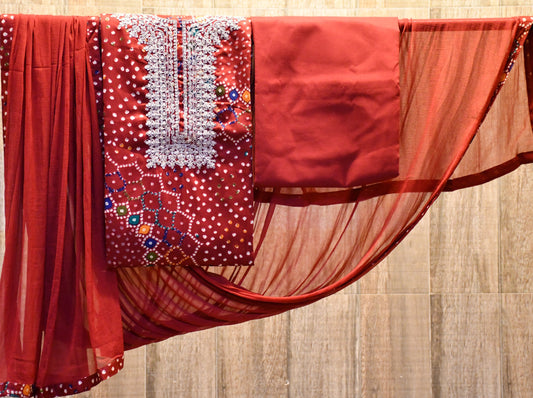 Red cotton dress material with chiffon dupatta