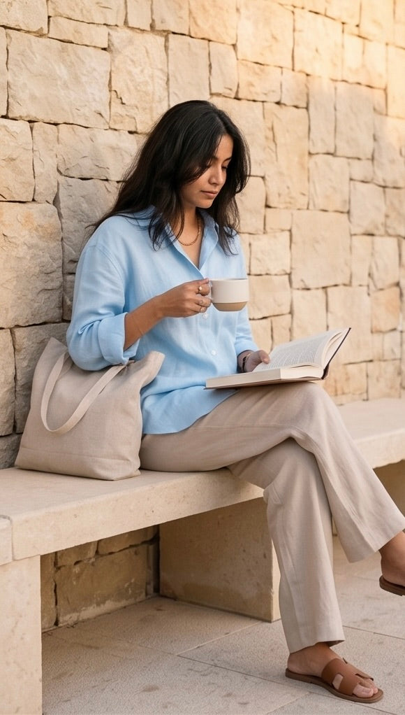 The Linen Edit – Dusty Blue Linen Shirt & Beige Pant Set